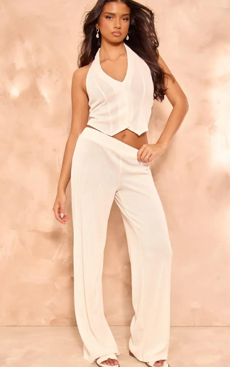 Online PrettyLittleThing Plisse Mid Rise Wide Leg Pants Cream