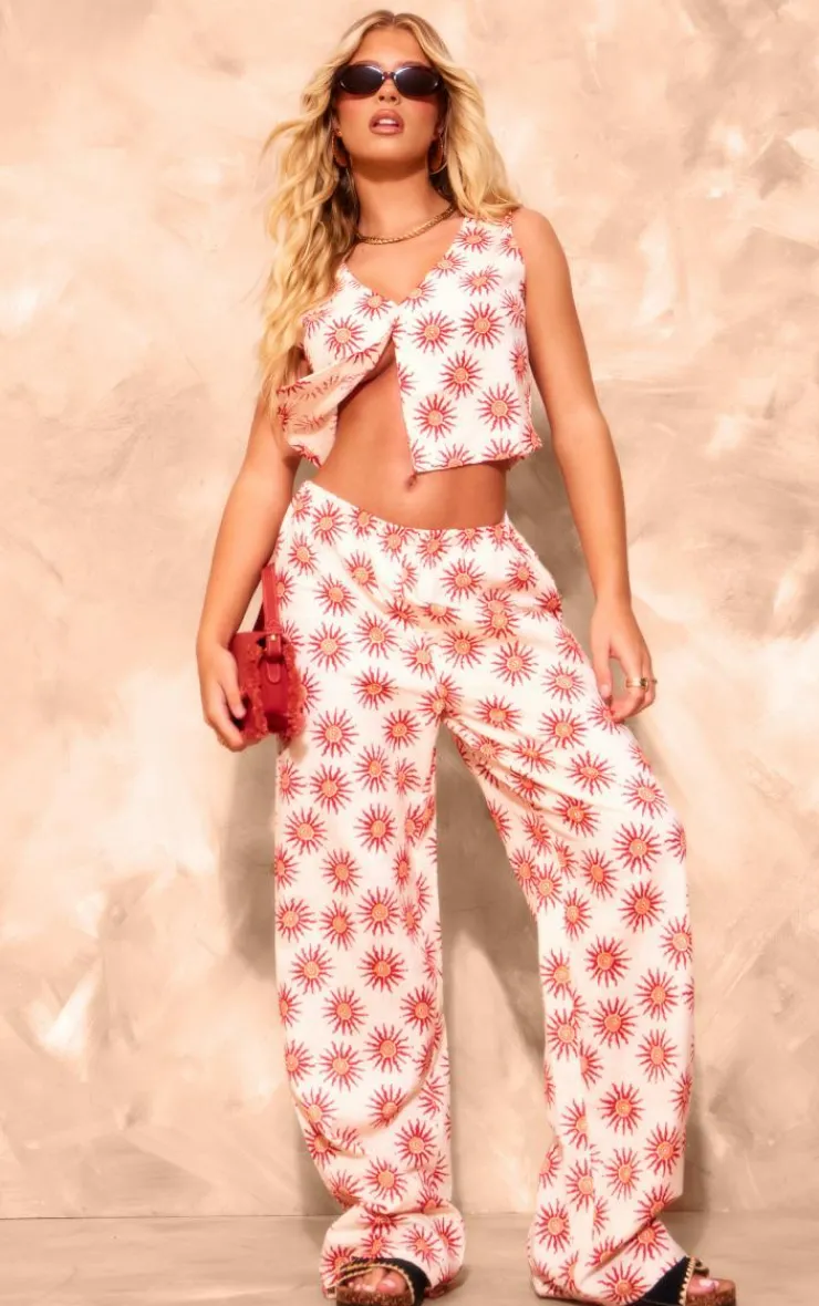 Hot PrettyLittleThing Printed Linen Look Wide Leg Pants Cream