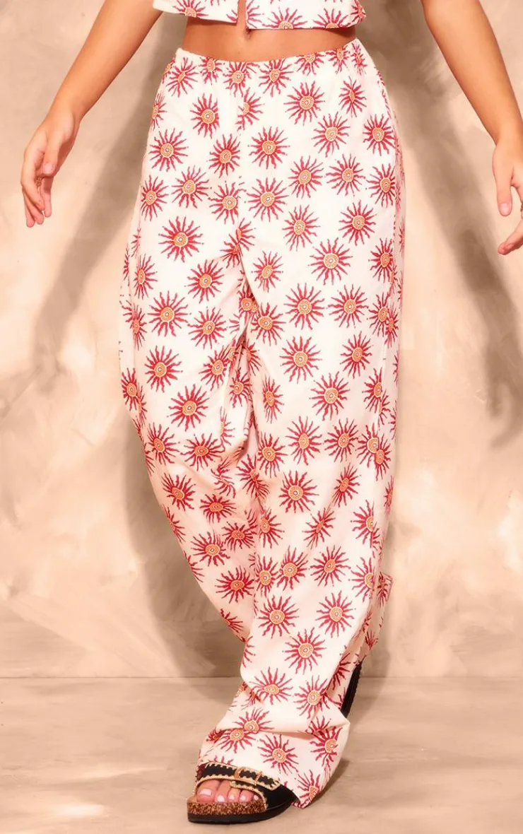 Hot PrettyLittleThing Printed Linen Look Wide Leg Pants Cream
