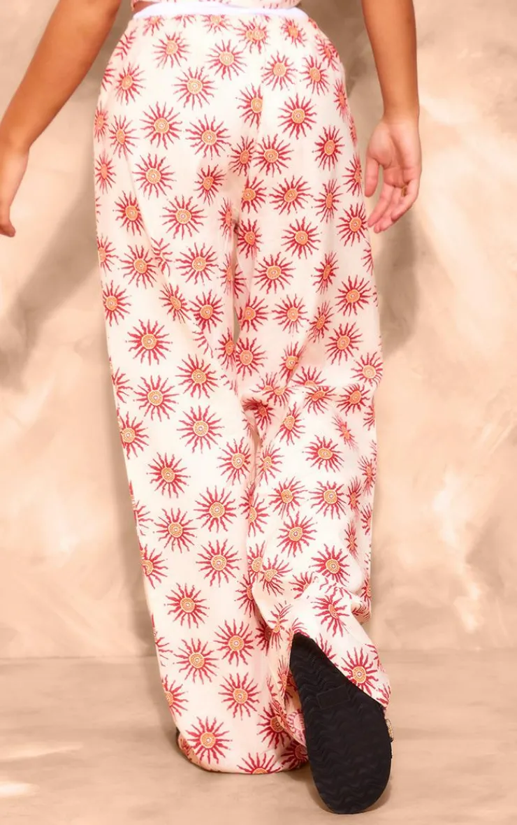 Hot PrettyLittleThing Printed Linen Look Wide Leg Pants Cream