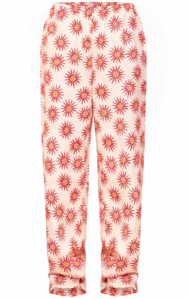 Hot PrettyLittleThing Printed Linen Look Wide Leg Pants Cream