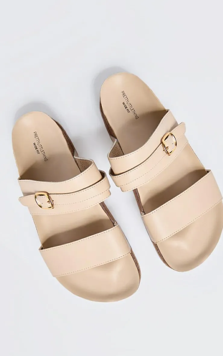 PrettyLittleThing Slides*PU Wide Fit Round Toe Double Strap Flat Sandals