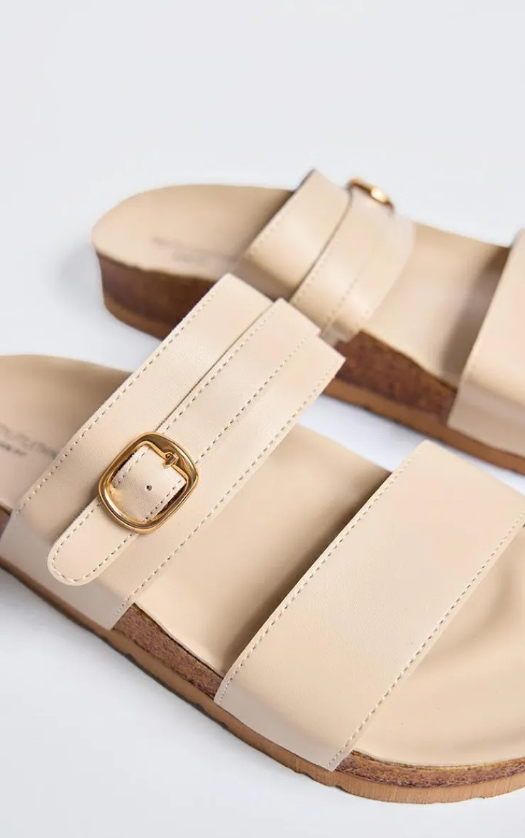 PrettyLittleThing Slides*PU Wide Fit Round Toe Double Strap Flat Sandals