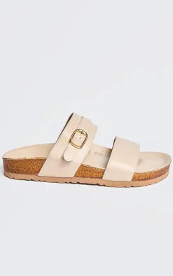 PrettyLittleThing Slides*PU Wide Fit Round Toe Double Strap Flat Sandals