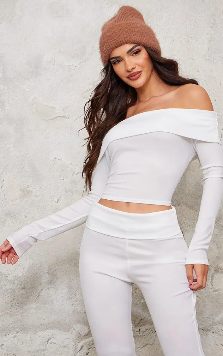Outlet PrettyLittleThing Rib Foldover Bardot Flute Sleeve Longline Top Cream