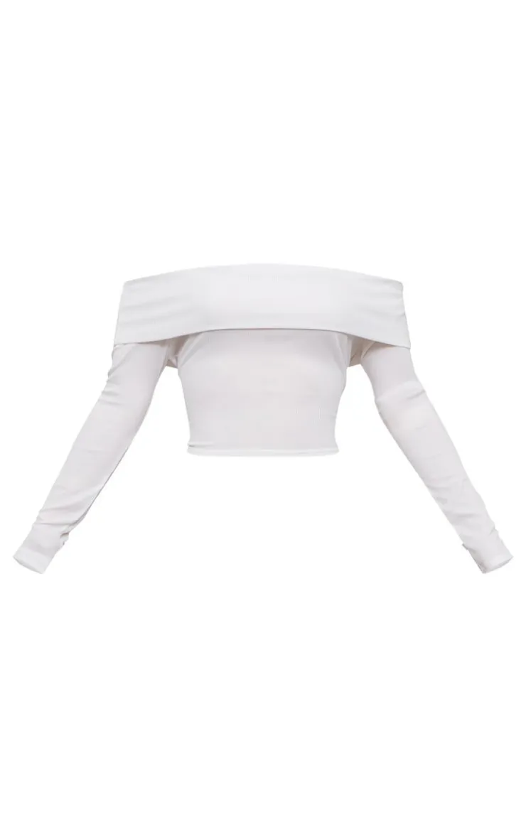 Outlet PrettyLittleThing Rib Foldover Bardot Flute Sleeve Longline Top Cream
