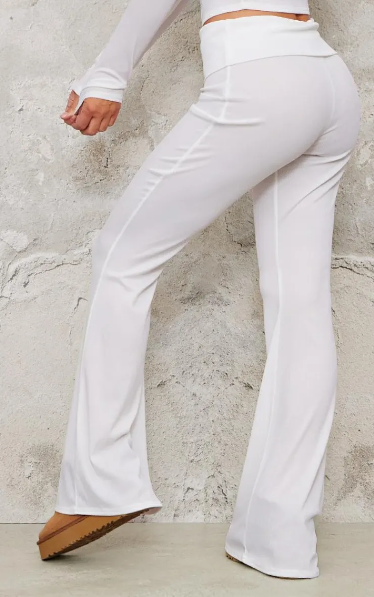 New PrettyLittleThing Rib Foldover Low Rise Flared Pants Cream
