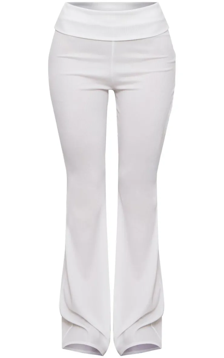 New PrettyLittleThing Rib Foldover Low Rise Flared Pants Cream