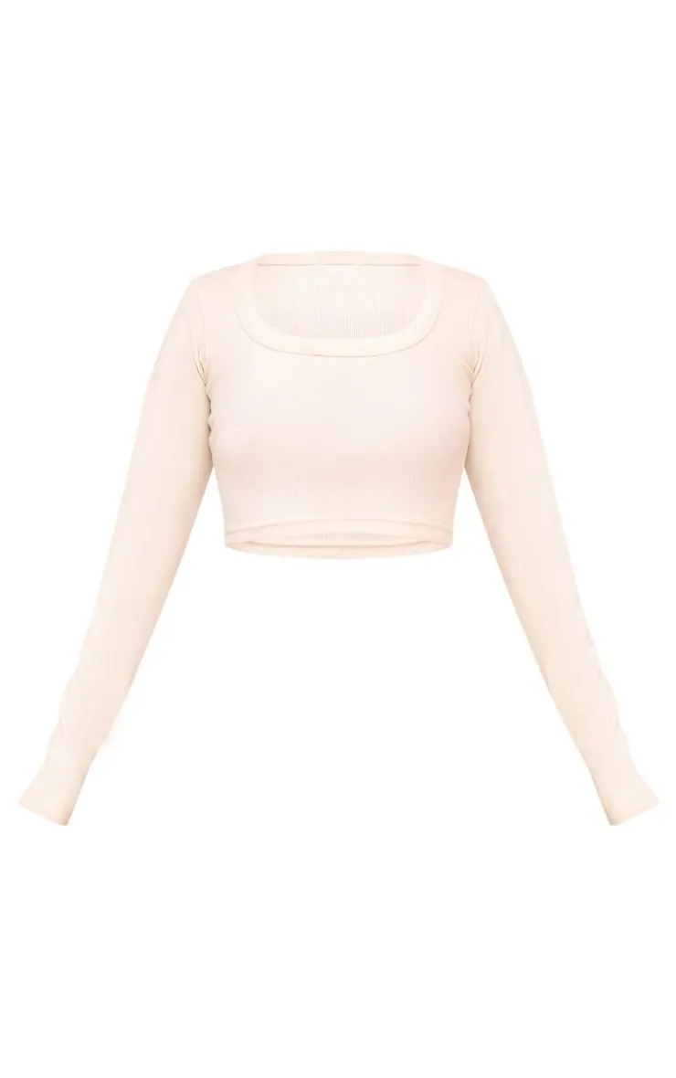 Hot PrettyLittleThing Rib Scoop Neck Long Sleeve Crop Top Cream