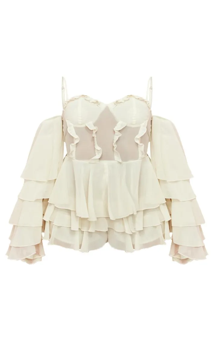 Cream Ruffle Detail Chiffon Frilly Skort Romper