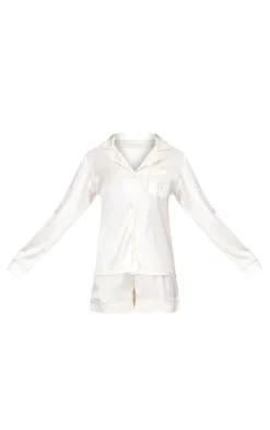 Cream Satin Embroidered Bow Short Pj Set