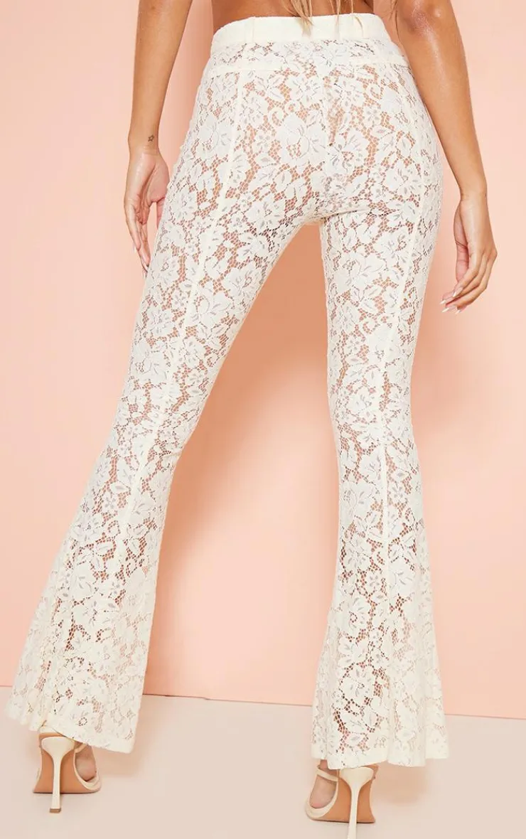 New PrettyLittleThing Sheer Lace Skinny Flared Pants Cream