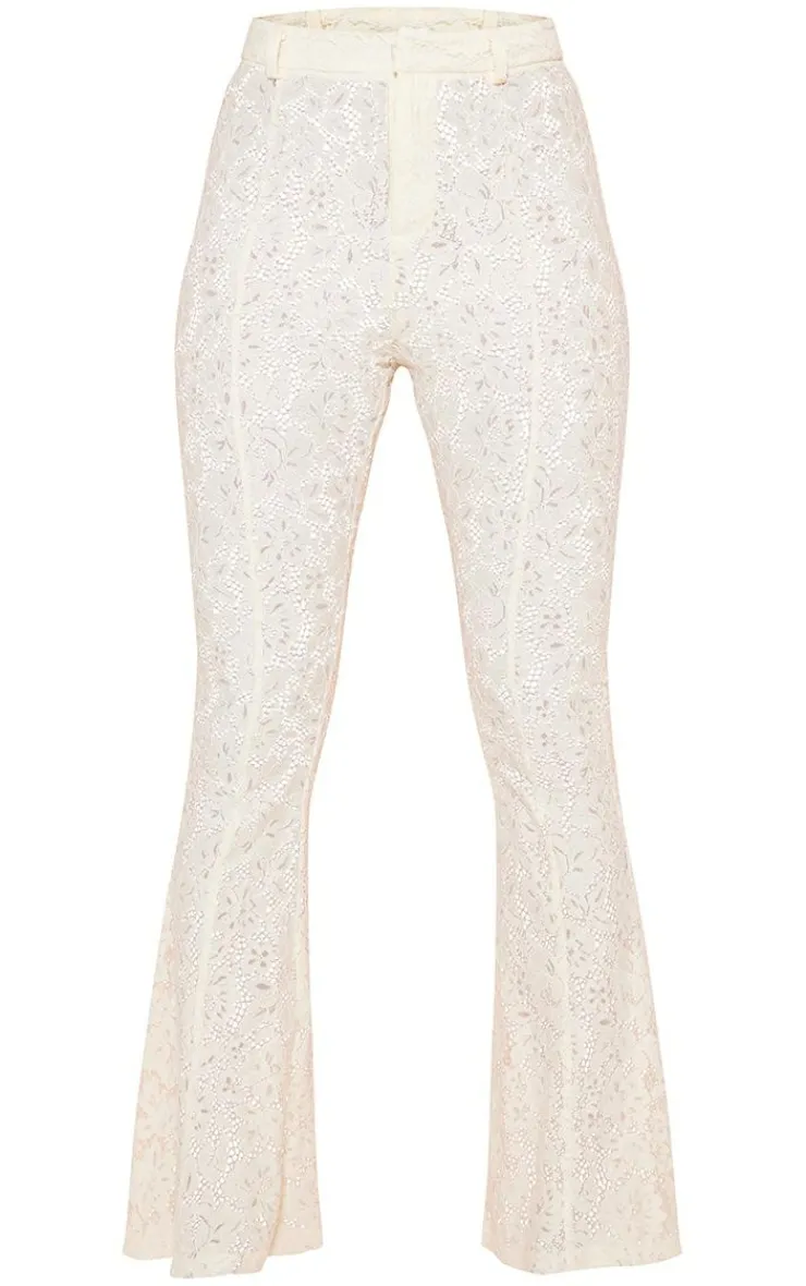 New PrettyLittleThing Sheer Lace Skinny Flared Pants Cream