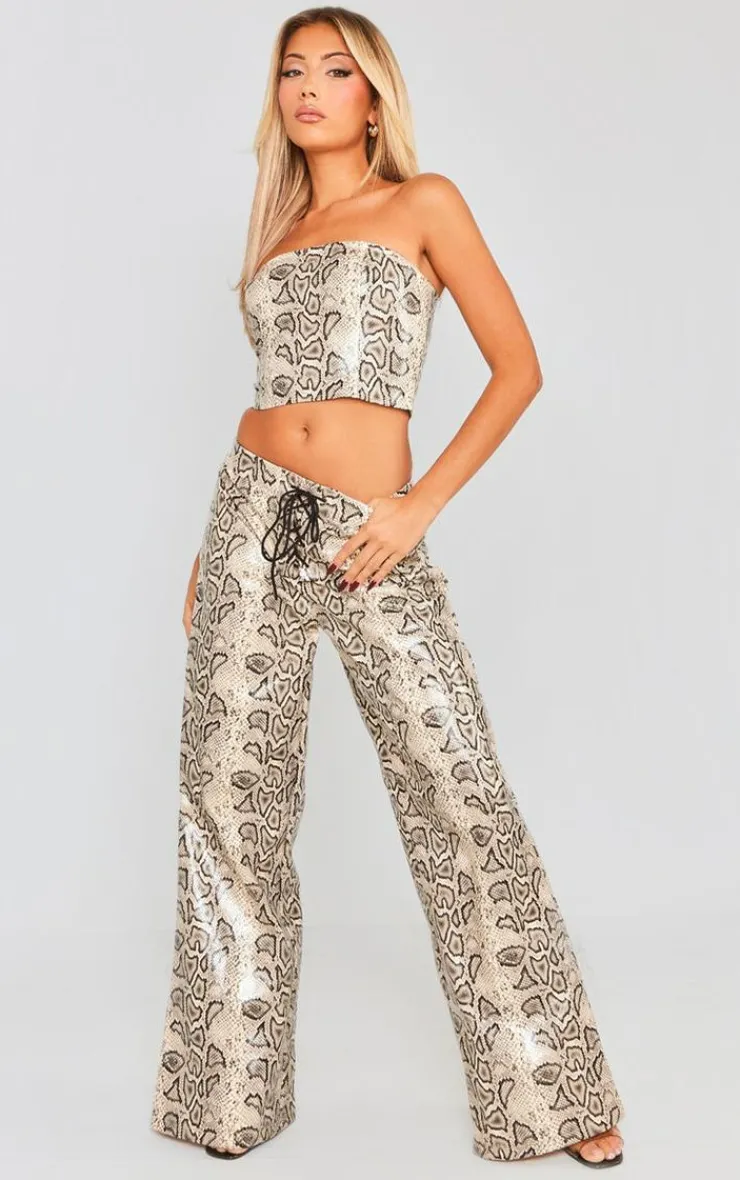 New PrettyLittleThing Snake Faux Leather Tie Front Wide Leg Pants Cream
