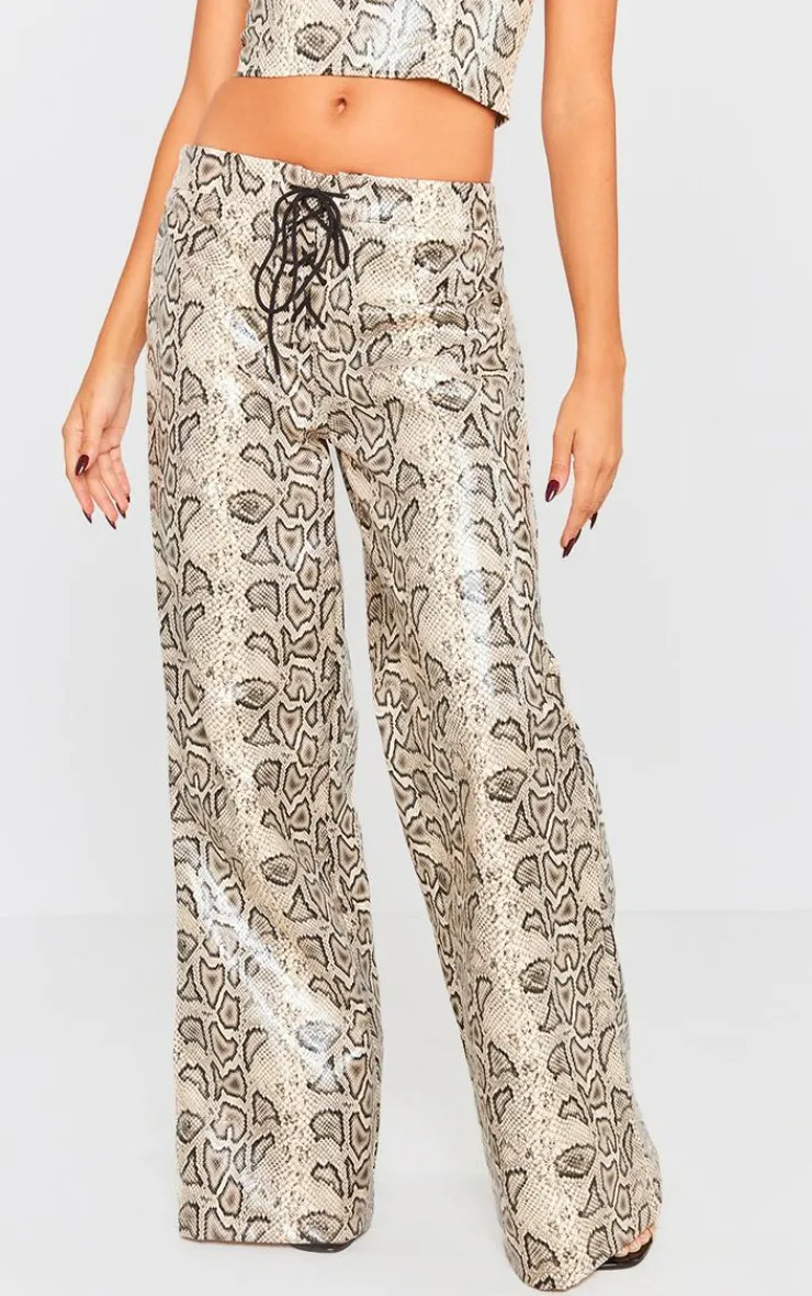 New PrettyLittleThing Snake Faux Leather Tie Front Wide Leg Pants Cream
