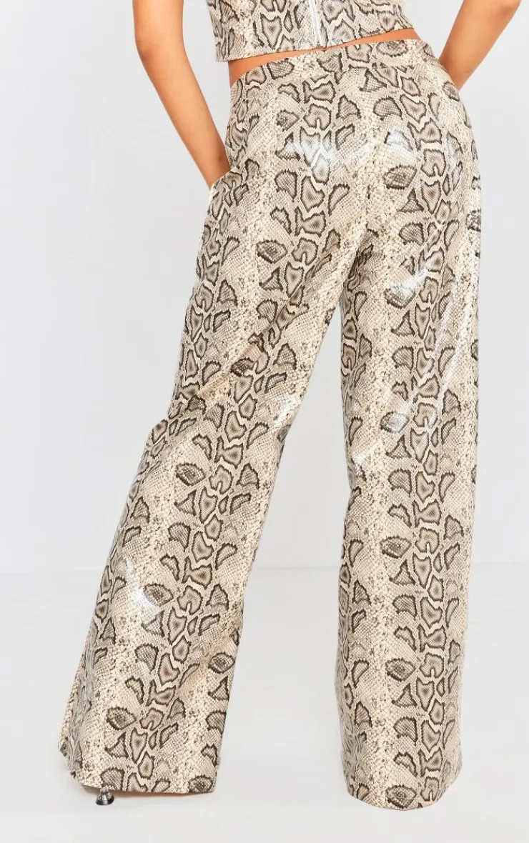 New PrettyLittleThing Snake Faux Leather Tie Front Wide Leg Pants Cream
