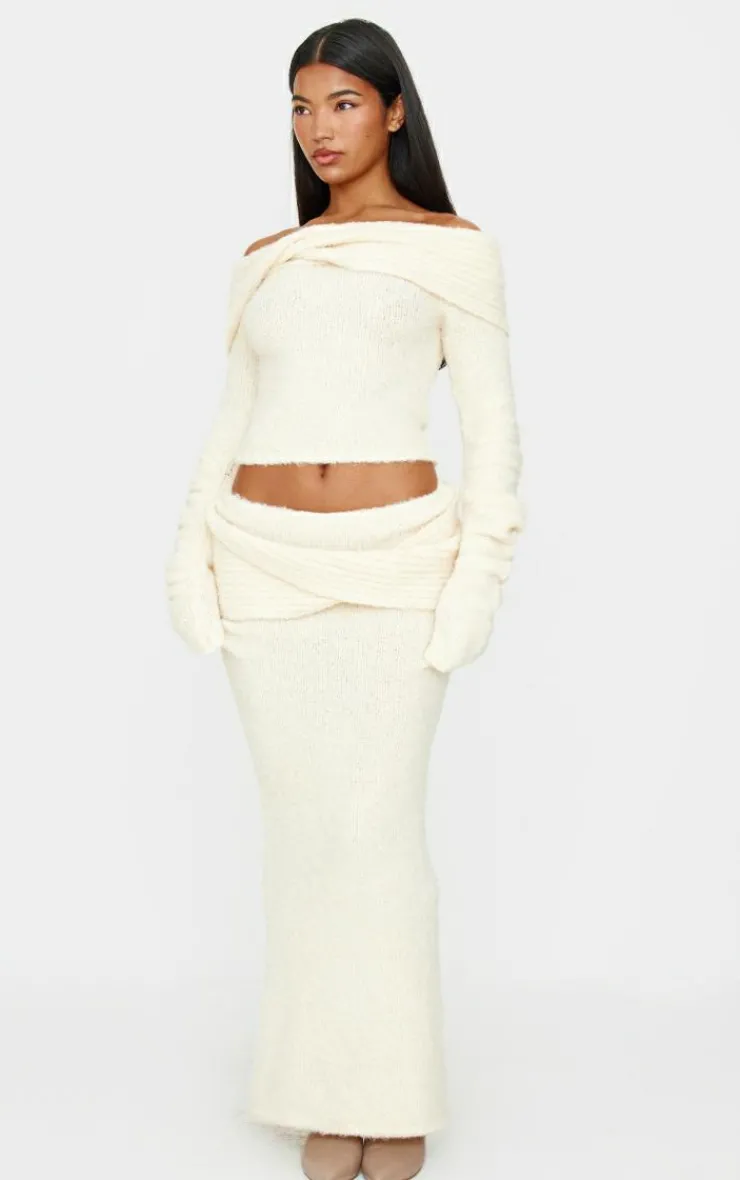 Discount PrettyLittleThing Soft Bobble Knit Bardot Foldover Top Cream