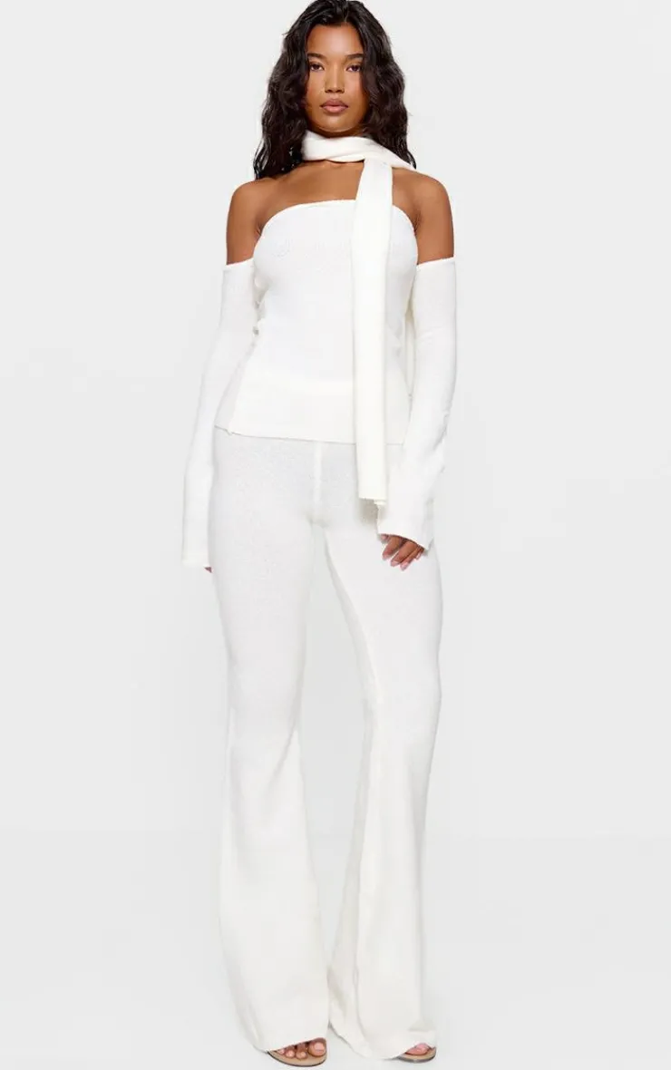 Hot PrettyLittleThing Soft Knit Cold Shoulder Top And Scarf Detail Cream