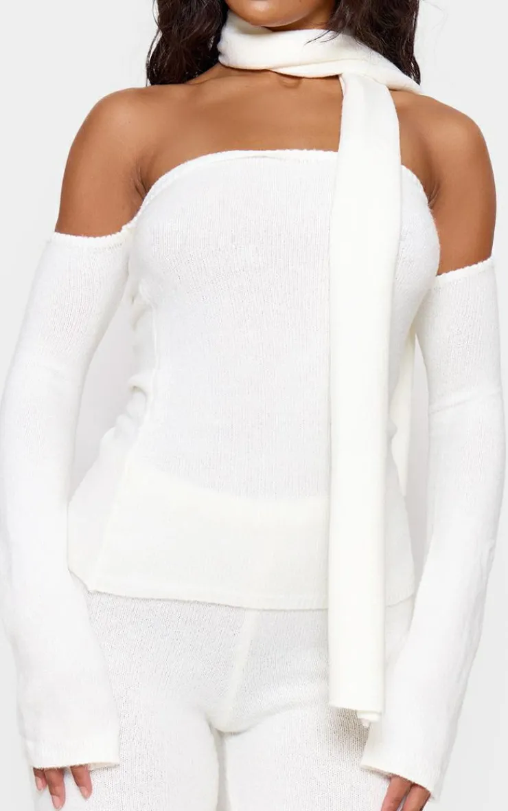 Hot PrettyLittleThing Soft Knit Cold Shoulder Top And Scarf Detail Cream