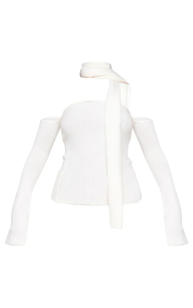Hot PrettyLittleThing Soft Knit Cold Shoulder Top And Scarf Detail Cream