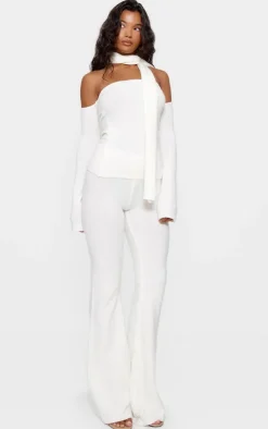 Online PrettyLittleThing Soft Knit Wide Leg Pants Cream