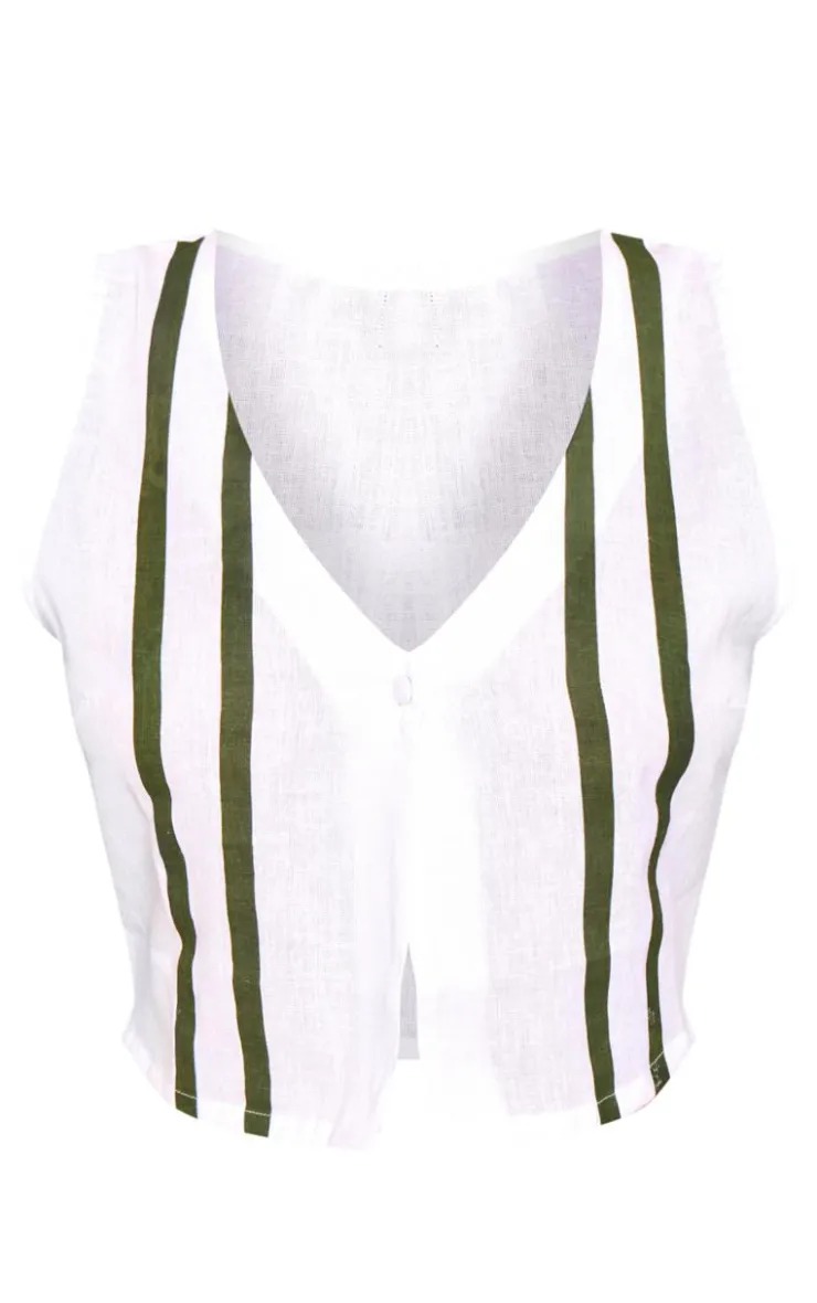 Hot PrettyLittleThing Striped Linen Look Button Front Vest Cream