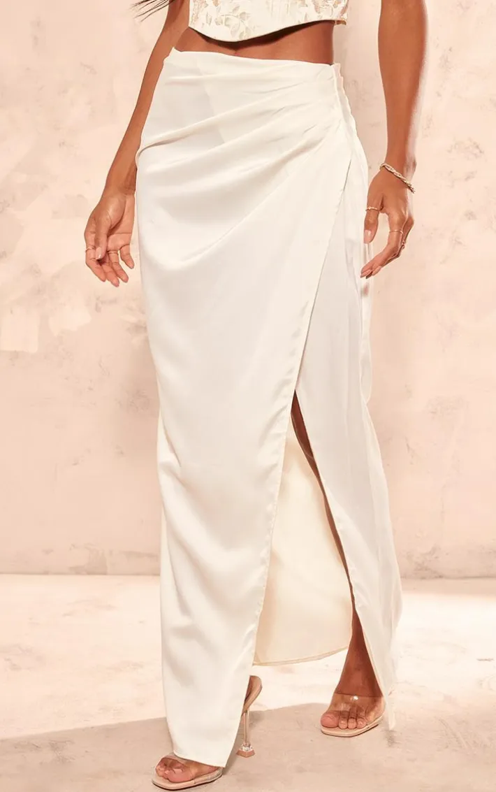 Cream Structured Satin V Front Ruched Split Front Maxi Skirt