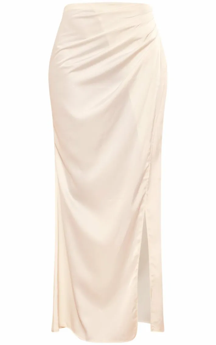 Cream Structured Satin V Front Ruched Split Front Maxi Skirt