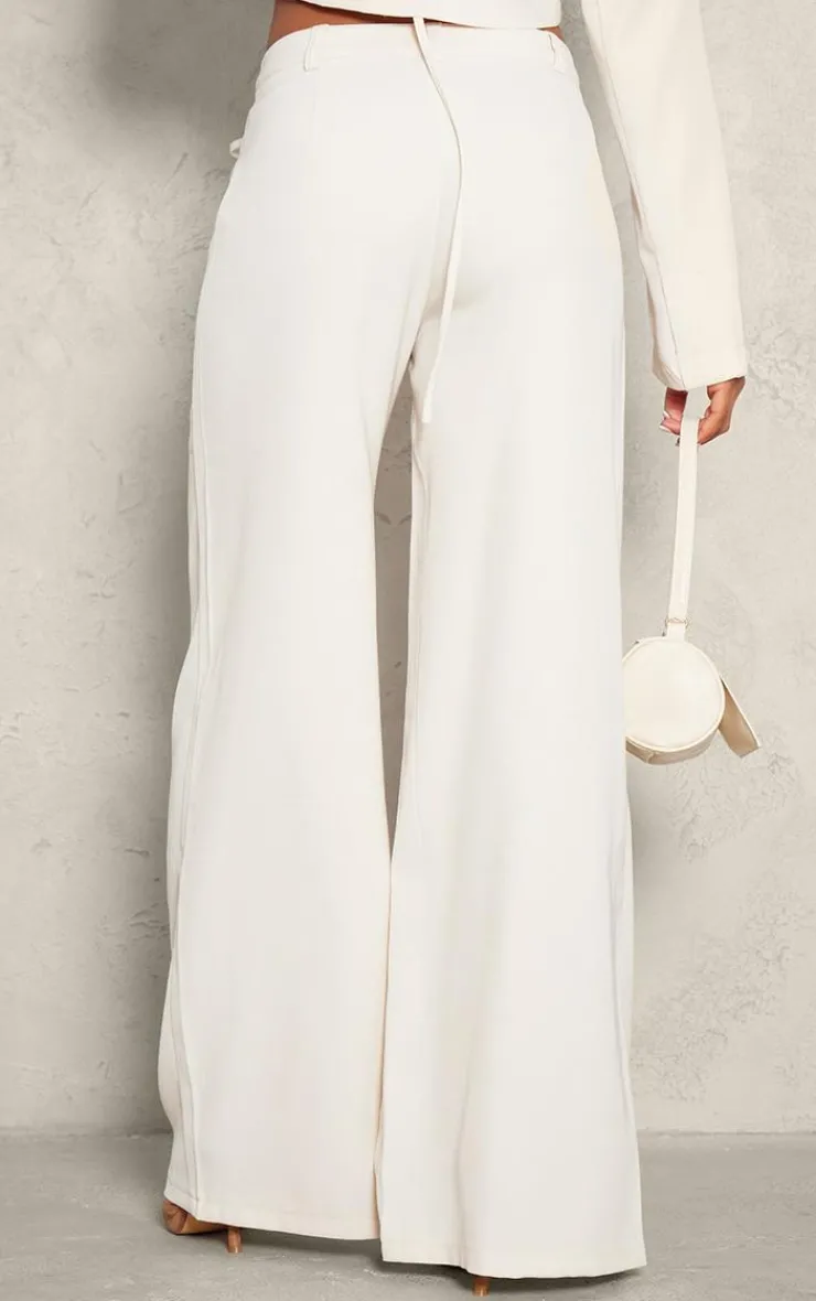 Discount PrettyLittleThing Tailored Pleated Tie Front Wide Leg Pants Cream