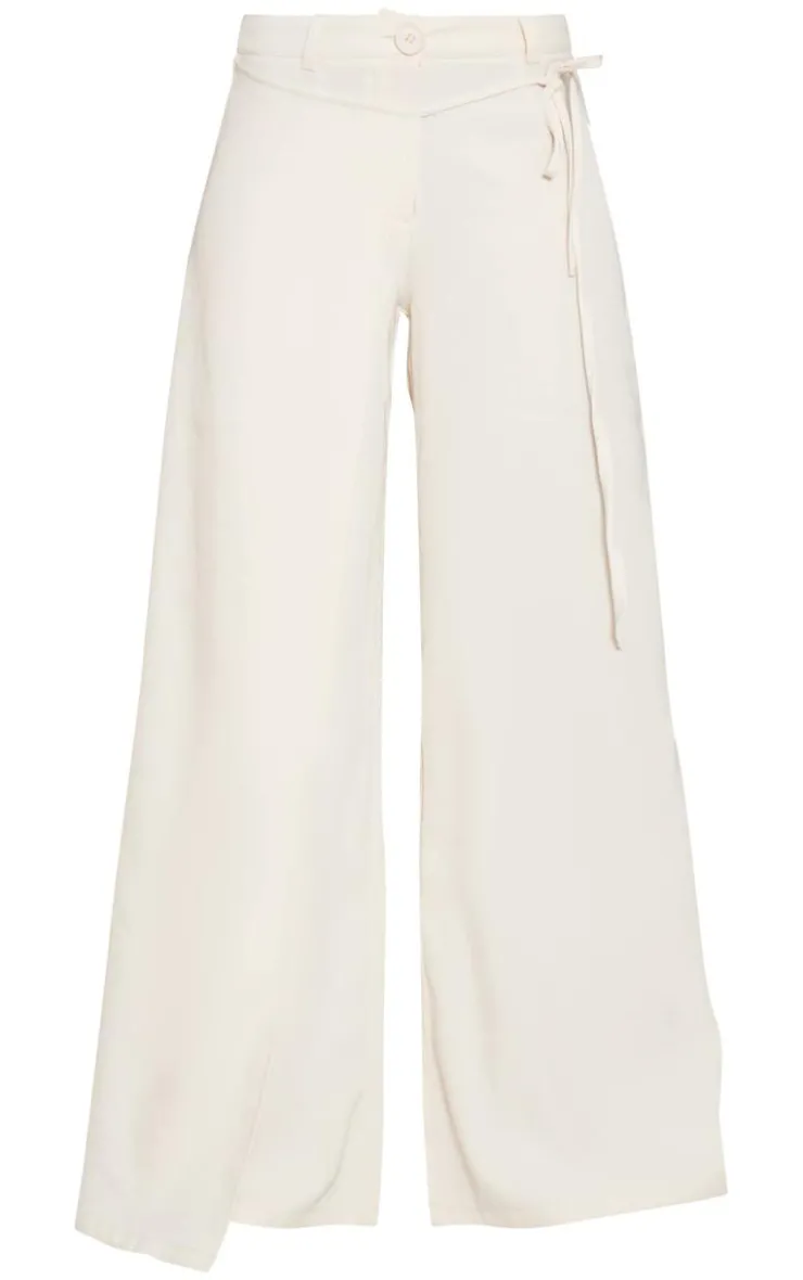 Discount PrettyLittleThing Tailored Pleated Tie Front Wide Leg Pants Cream