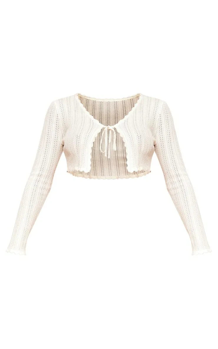 Online PrettyLittleThing Textured Crochet Knit Tie Front Top Cream