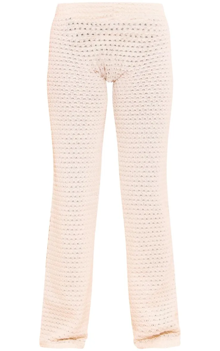 Online PrettyLittleThing Textured Rib Flare Pants Cream