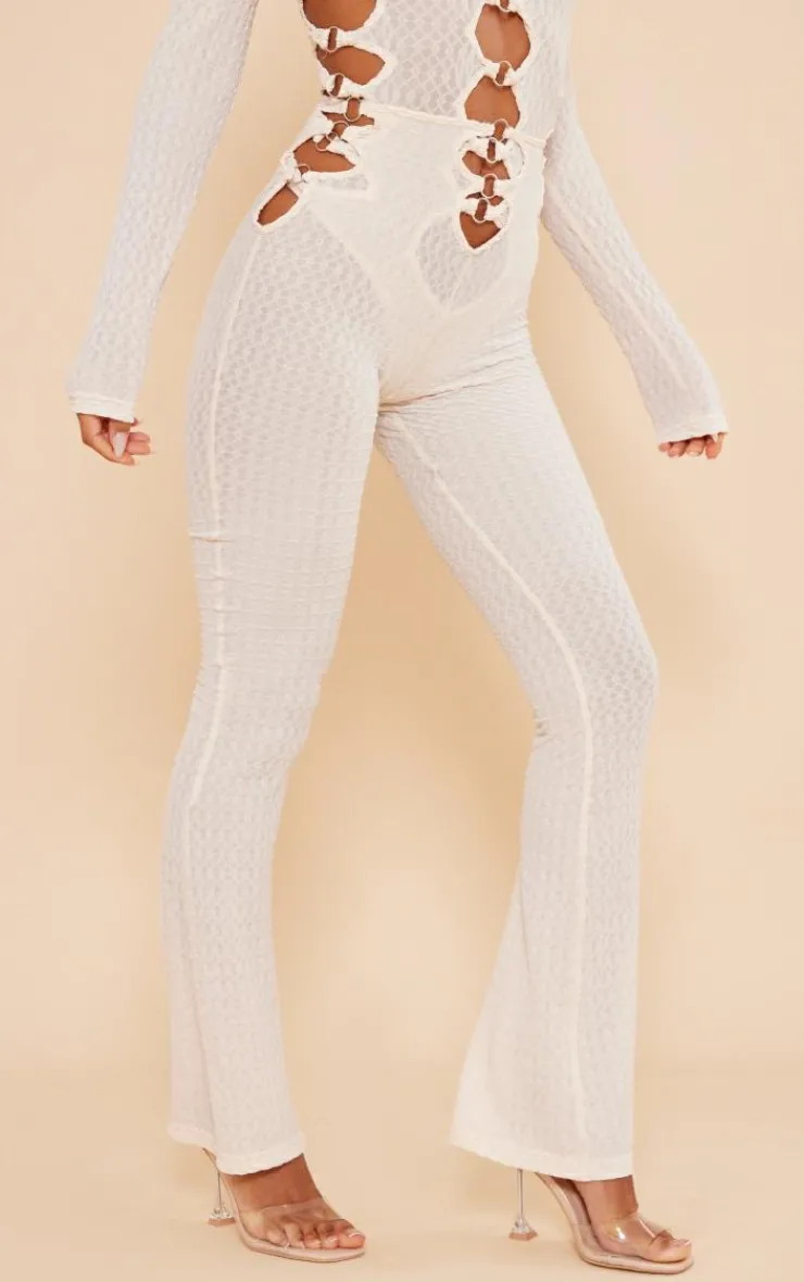 Hot PrettyLittleThing Textured Ring Front Flare Pants Cream