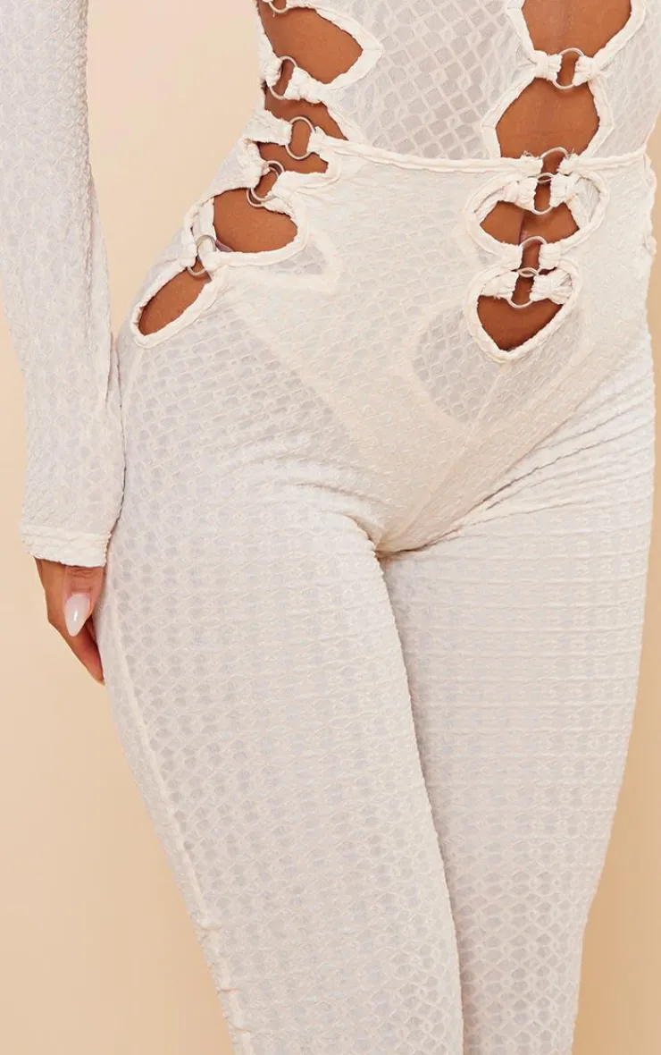 Hot PrettyLittleThing Textured Ring Front Flare Pants Cream