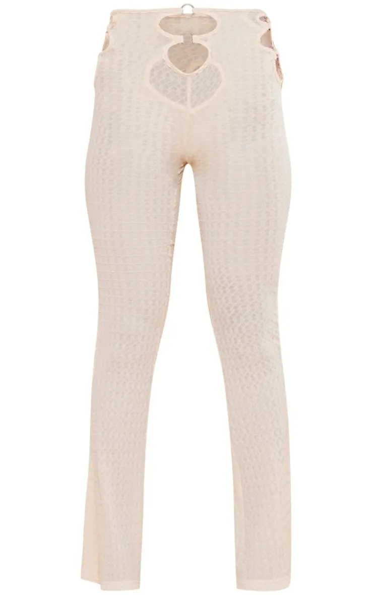 Hot PrettyLittleThing Textured Ring Front Flare Pants Cream