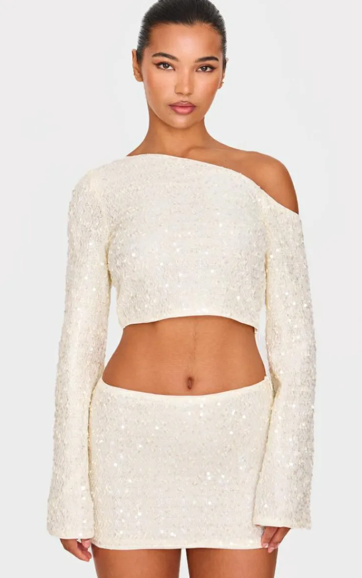 New PrettyLittleThing Textured Sequin Long Sleeve Top Cream