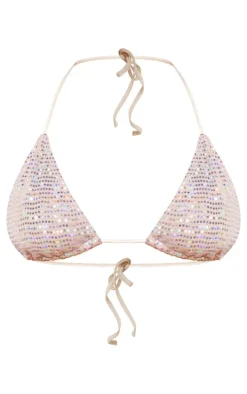 Cream Triangle Sequin Bikini Top
