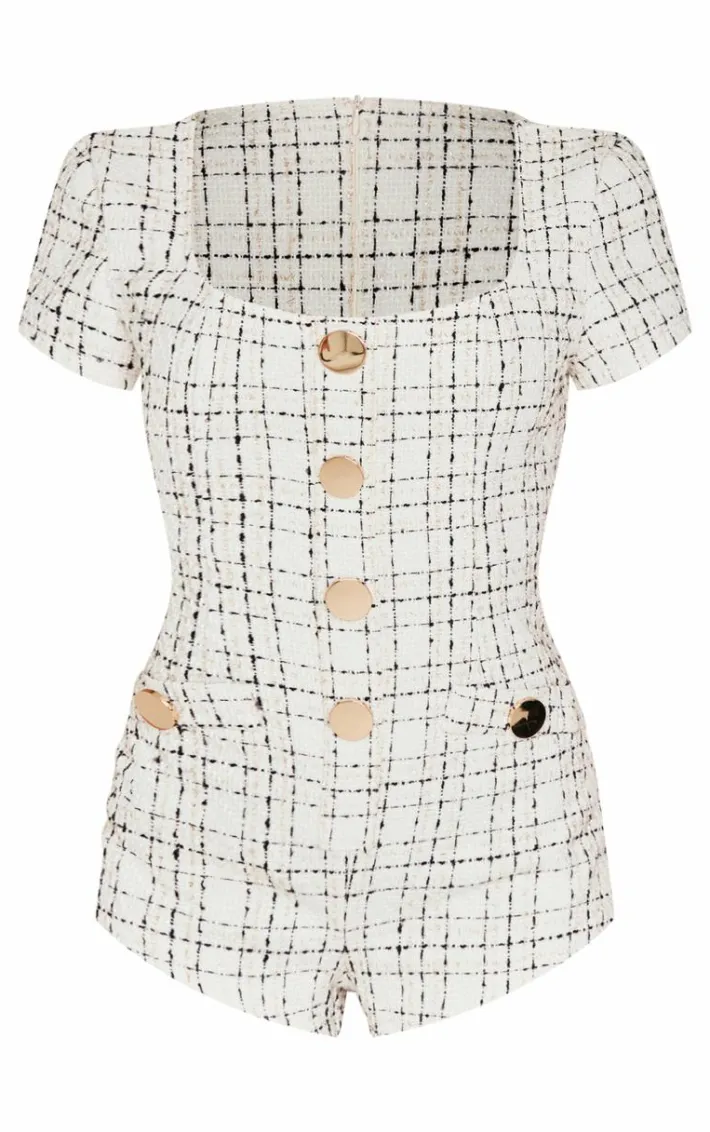 Cream Tweed Short Sleeve Button Detail Romper