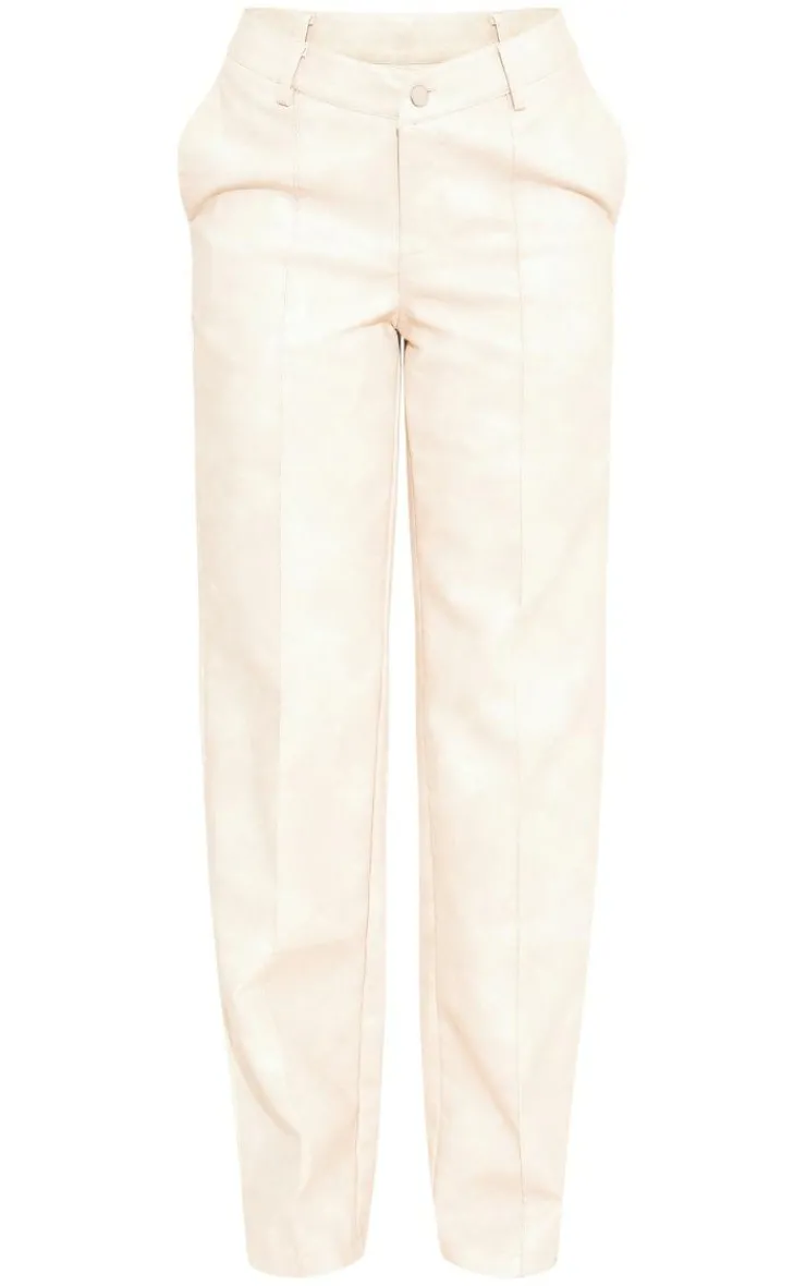 Online PrettyLittleThing Washed Faux Leather Dip Waist Flared Pants Cream