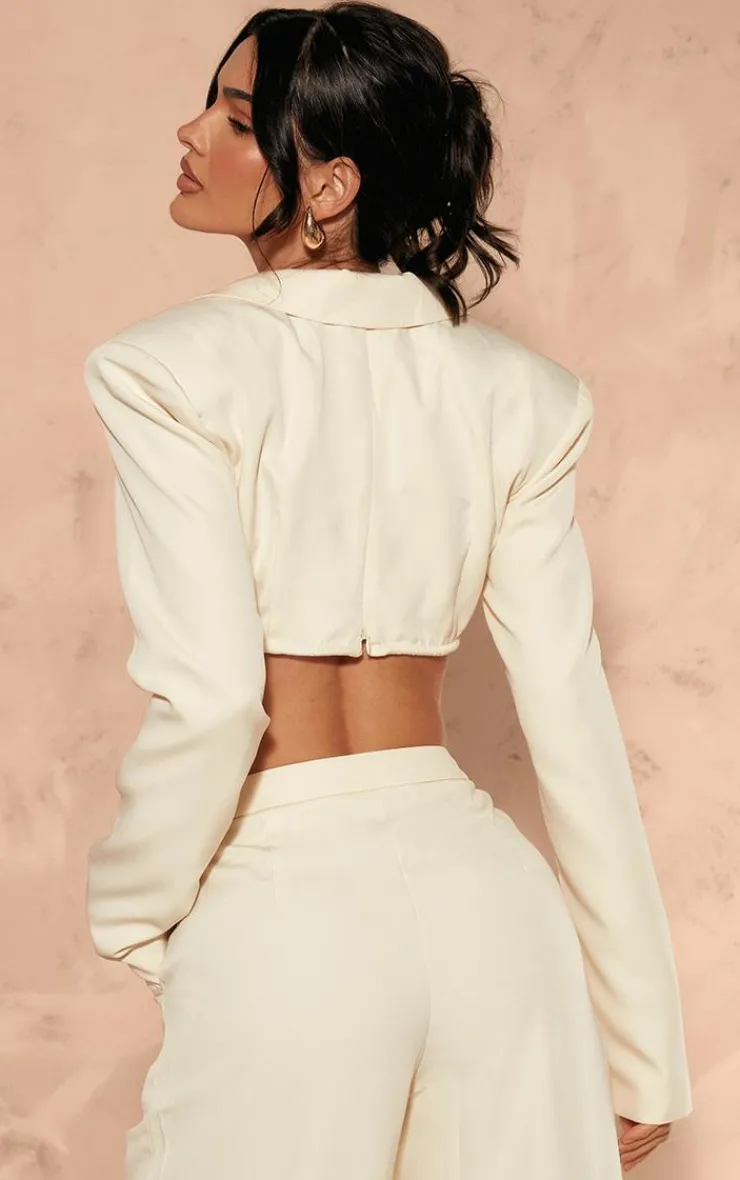Hot PrettyLittleThing Woven Corset Under Wire Cropped Blazer Cream