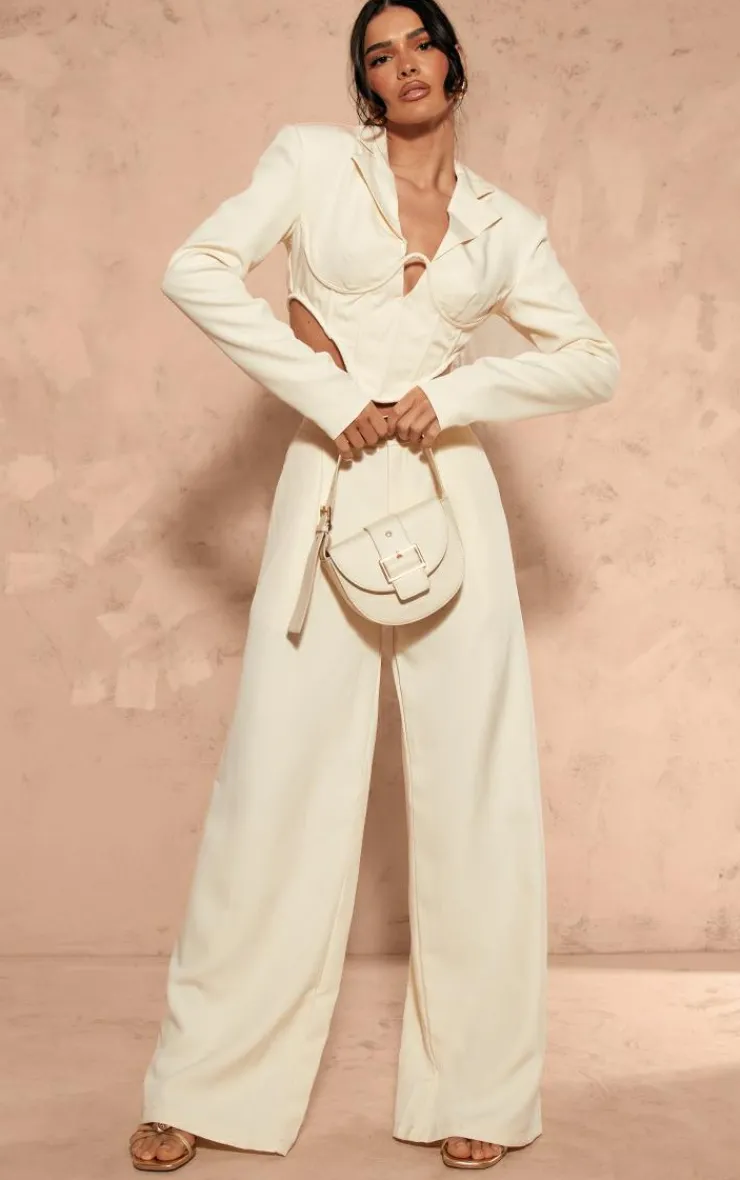 Hot PrettyLittleThing Woven Corset Under Wire Cropped Blazer Cream