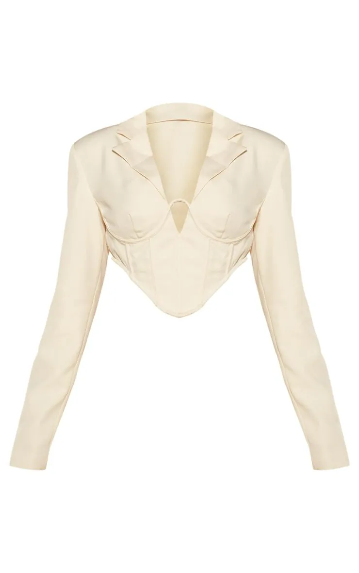 Hot PrettyLittleThing Woven Corset Under Wire Cropped Blazer Cream