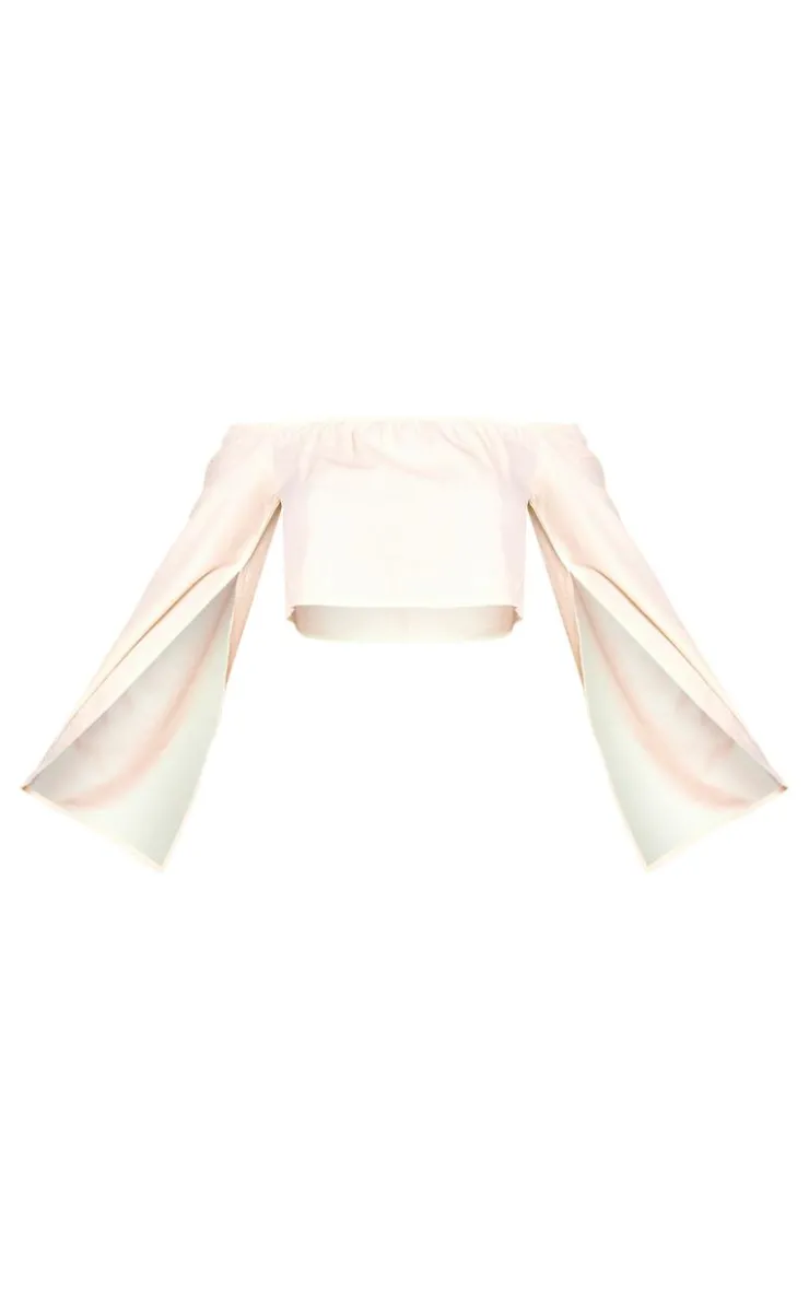 Hot PrettyLittleThing Woven Off The Shoulder Split Sleeve Top Cream