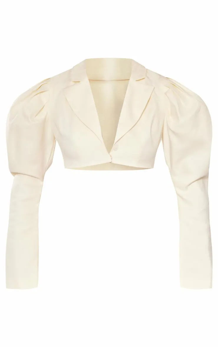 New PrettyLittleThing Woven Puff Sleeve Cropped Blazer Cream