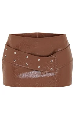 Sale PrettyLittleThing Textured PU Belted Low Rise Micro Mini Skirt Dark Brown