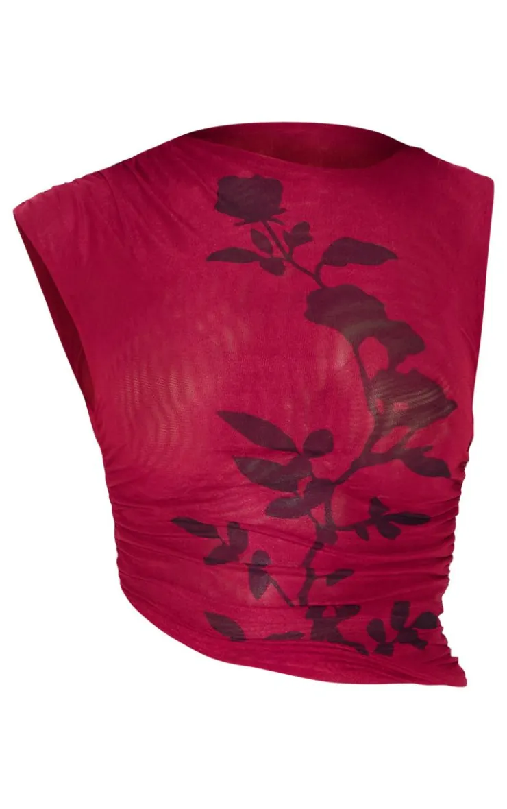 Online PrettyLittleThing Dark Burgundy Printed Mesh Ruched Long Top Dark Red
