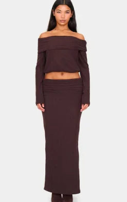Online PrettyLittleThing Soft Rib Off The Shoulder Long Sleeve Long Top Dark Chocolate