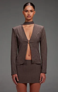 Clearance PrettyLittleThing Pinstripe Neck Tie Fitted Blazer Dark Grey