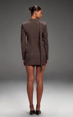 Clearance PrettyLittleThing Pinstripe Neck Tie Fitted Blazer Dark Grey