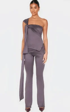 New PrettyLittleThing Soft Touch Tie Detail Flared Pants Dark Grey